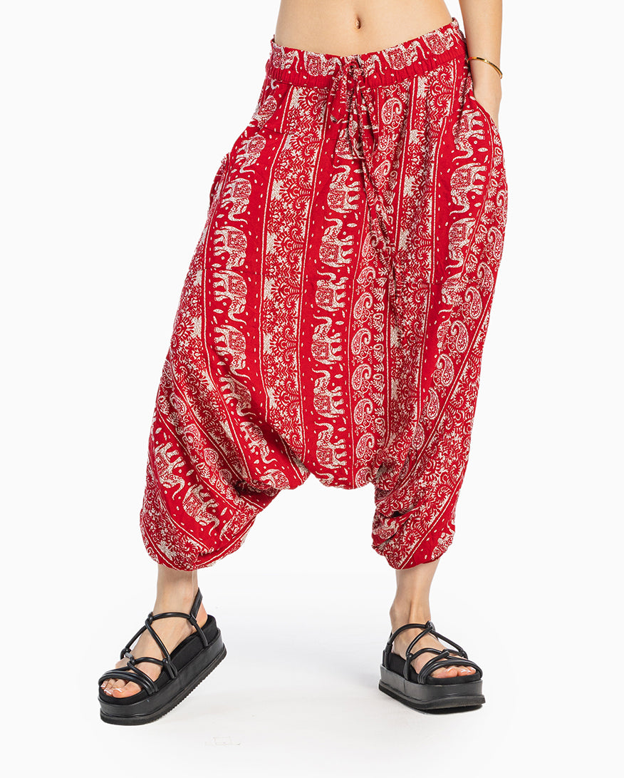 relaxed baggy elephant-print harem pants #color_red lotus