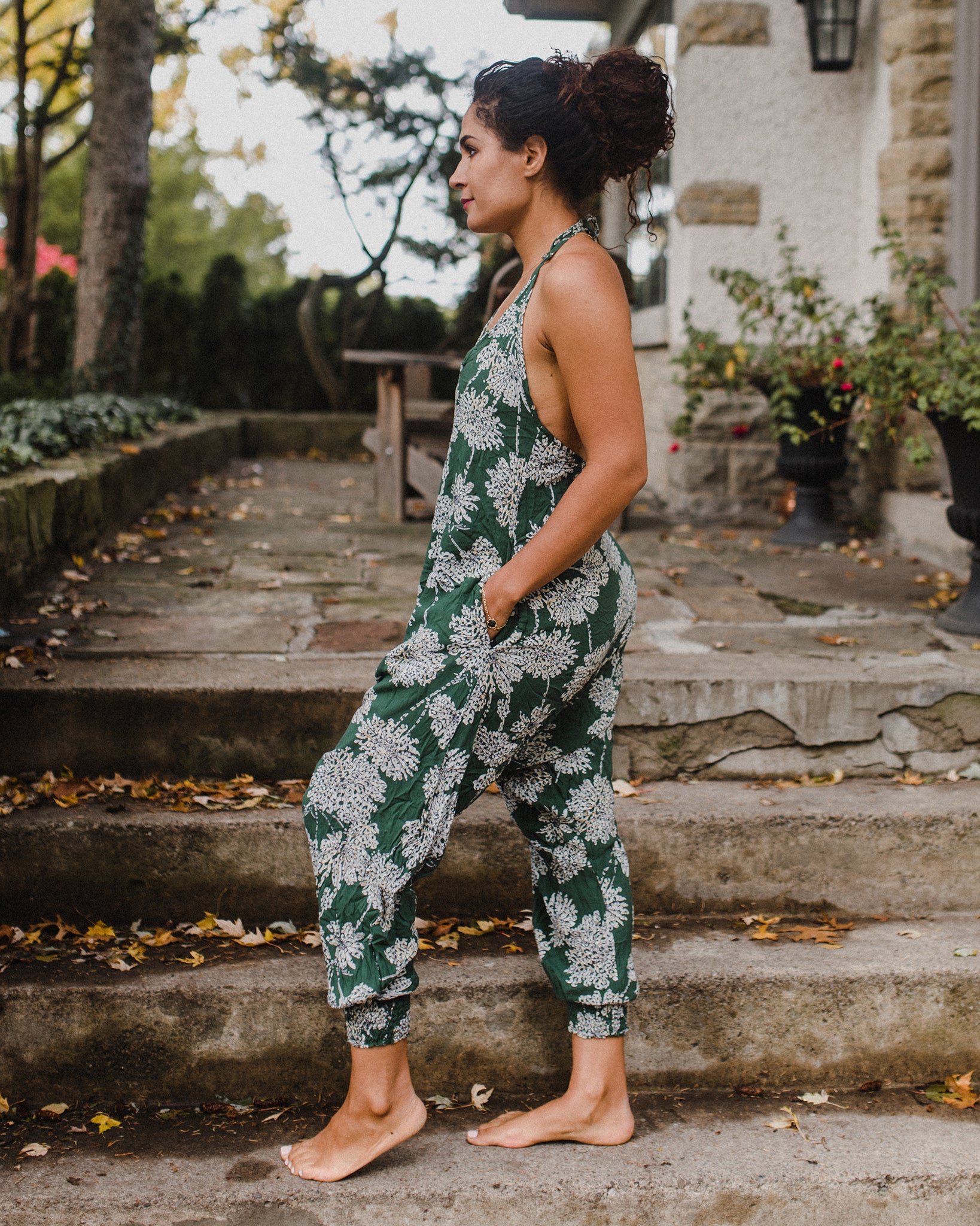 Boho Floral Jumpsuit Flowy Romper with Pockets by Buddha Pants