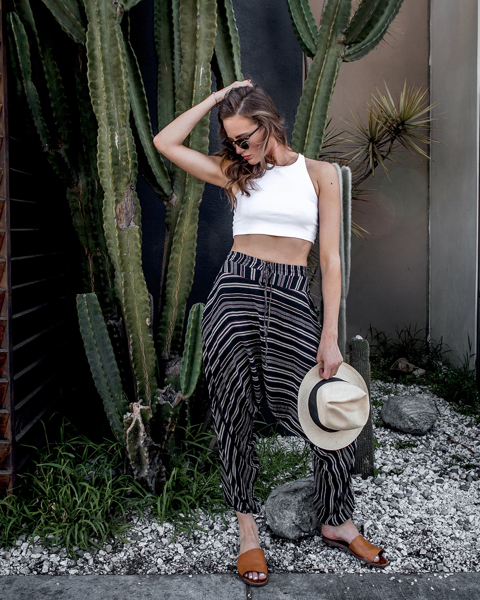 Black and white store striped harem pants